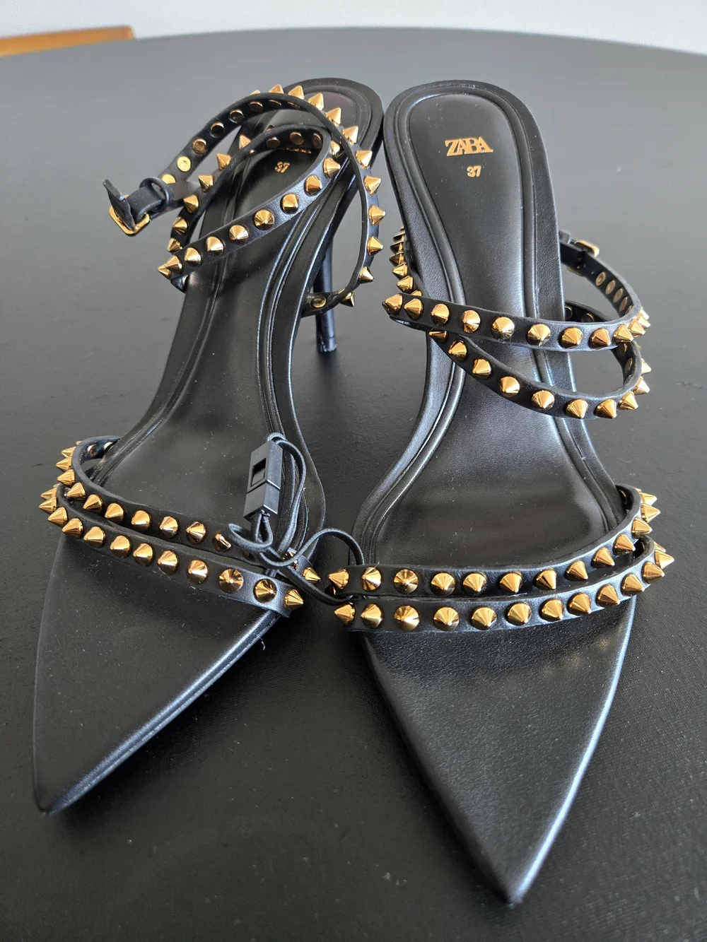 ZARA Black Gold Studded Pointed Toe Strappy Heeled Sandals Sz 37 - Picture 4 of 10